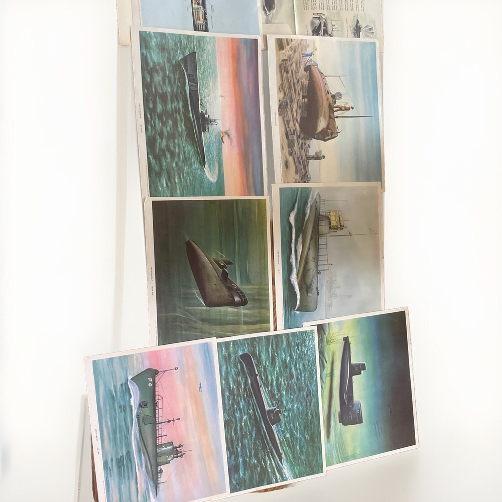Remarkable 8 Vintage Submarine Lithograph In Color Prints - Titled & Summarized
